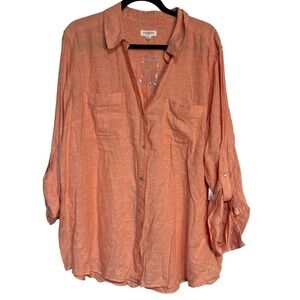 Westbound Woman Coral Orange Linen Blend Roll Tab Button Down Shirt Plus Size 3X
